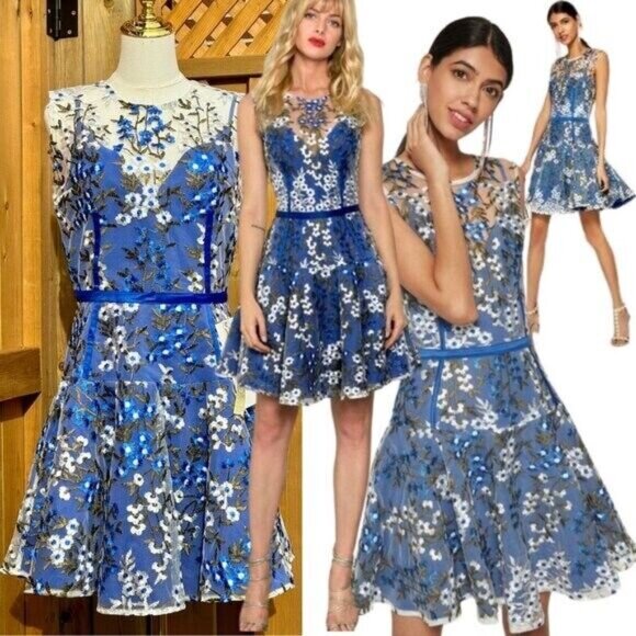 $498 BRONX & BANCO NWOT Blue & White Floral Embroidered Mesh Cocktail Dress XS 2